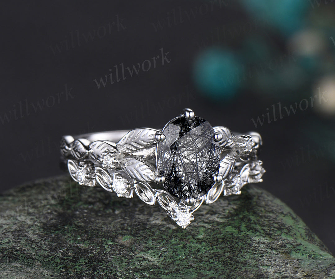 Oval cut black rutilated quartz engagement ring set white gold leaf nature inspired bridal wedding ring set women