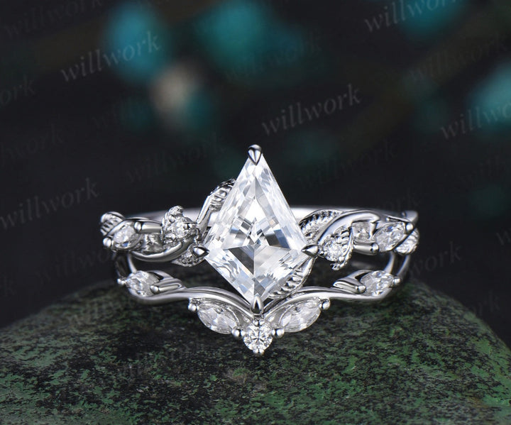 Kite cut moissanite engagement ring white gold five stone leaf twisted diamond promise bridal ring set women
