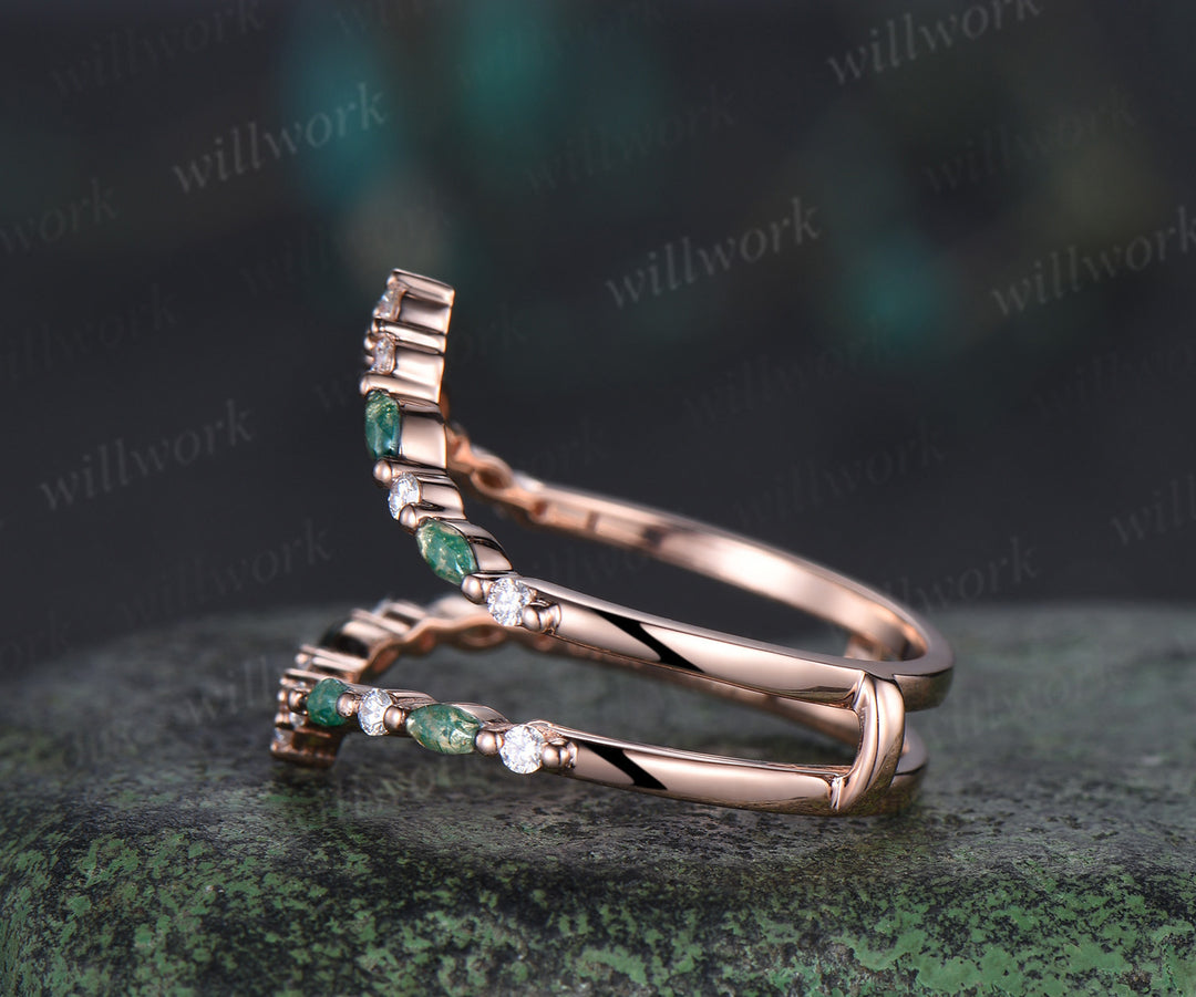Double curved moss agate moissanite wedding band enhancer 14K rose gold unique stackable ring bridal gifts