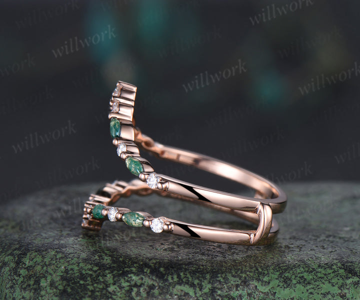 Double curved moss agate moissanite wedding band enhancer 14K rose gold unique stackable ring bridal gifts