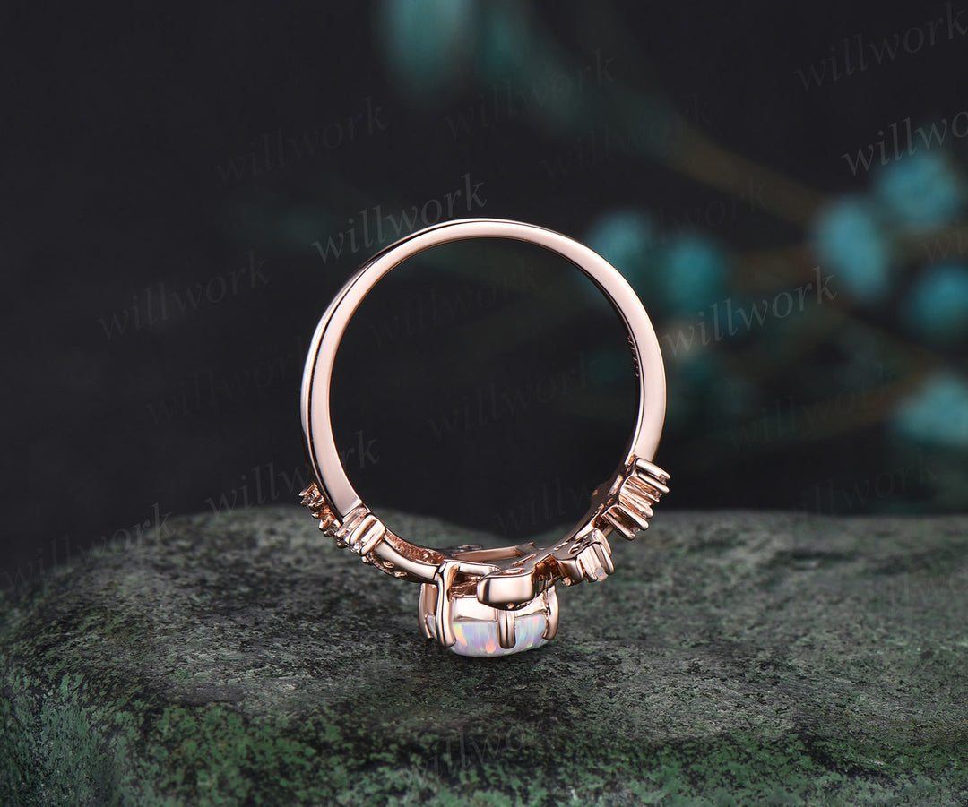 Hexagon white opal engagement ring rose gold twisted leaf moon diamond ring vintage October birthstone anniversary ring women