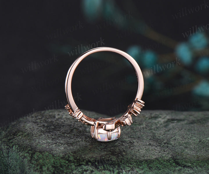 Hexagon white opal engagement ring rose gold twisted leaf moon diamond ring vintage October birthstone anniversary ring women