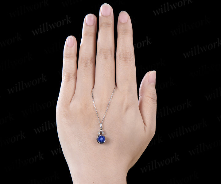 Vintage round blue star sapphire necklace white gold star moon unique diamond pendant women September birthstone anniversary gift