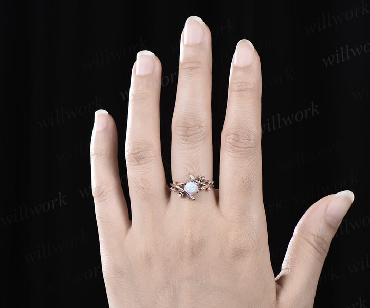 Hexagon white opal engagement ring rose gold twisted leaf moon diamond ring vintage October birthstone anniversary ring women