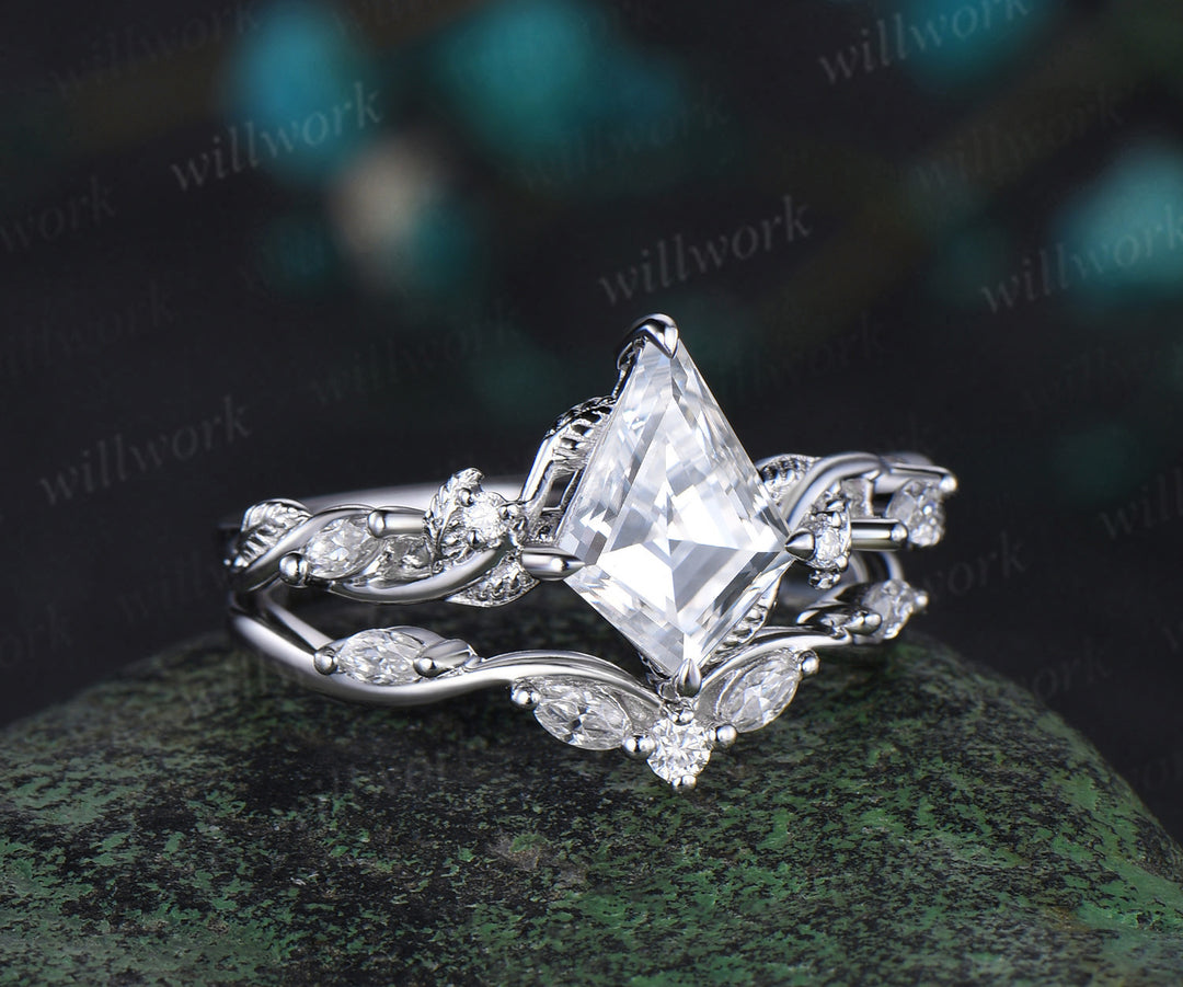 Kite cut moissanite engagement ring white gold five stone leaf twisted diamond promise bridal ring set women