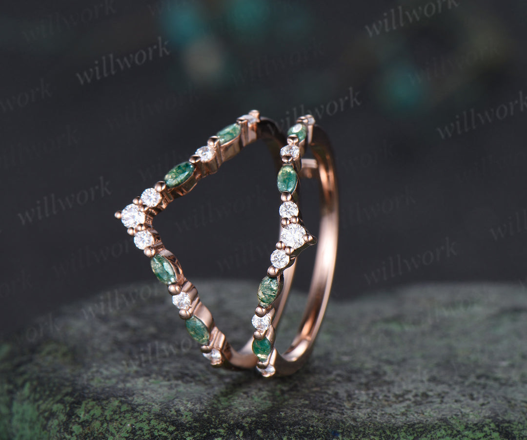 Double curved moss agate moissanite wedding band enhancer 14K rose gold unique stackable ring bridal gifts