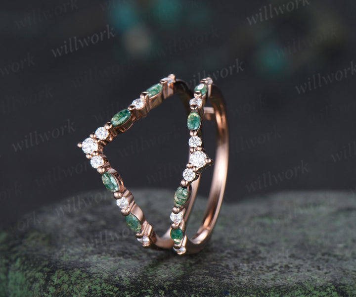Double curved moss agate moissanite wedding band enhancer 14K rose gold unique stackable ring bridal gifts