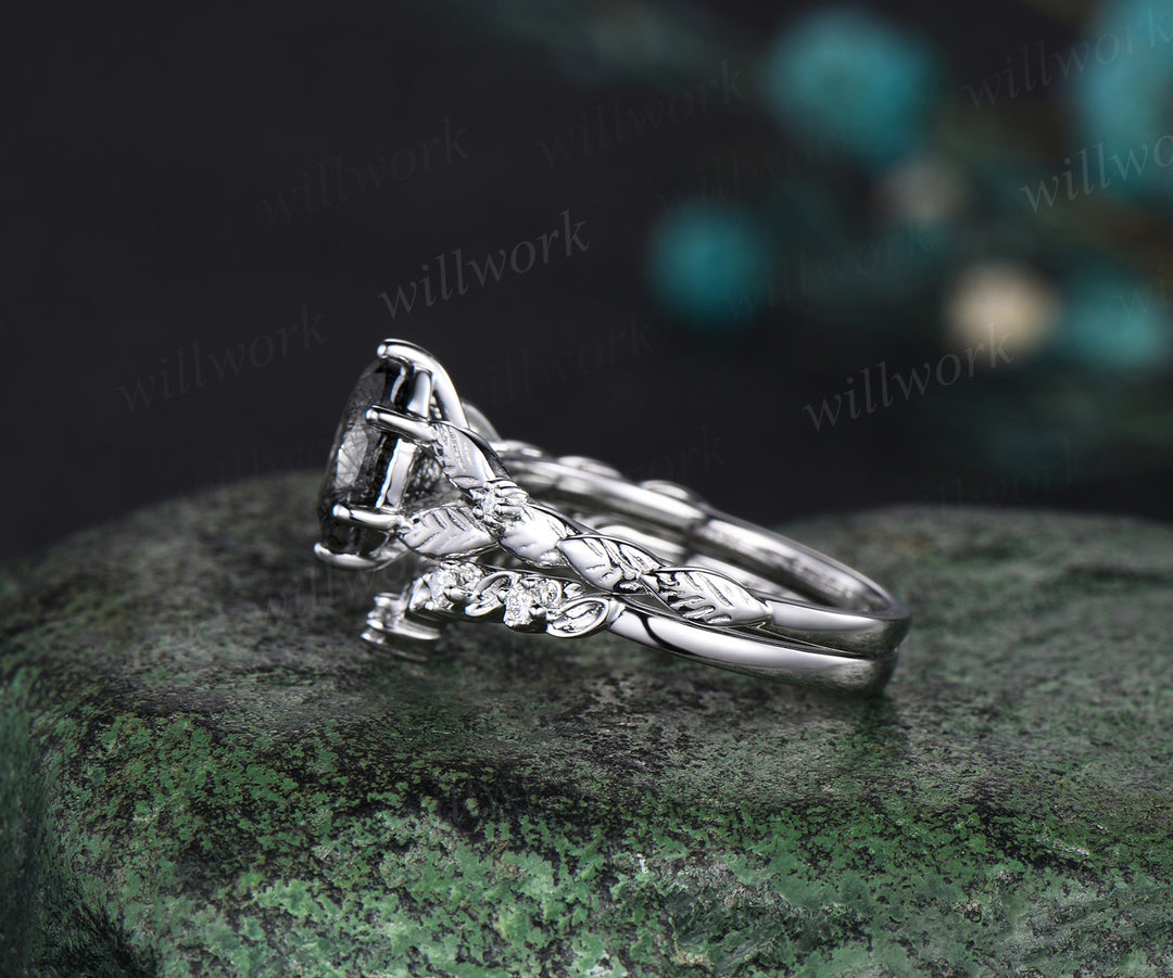 Oval cut black rutilated quartz engagement ring set white gold leaf nature inspired bridal wedding ring set women