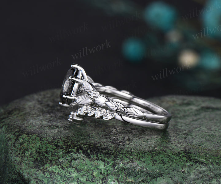 Oval cut black rutilated quartz engagement ring set white gold leaf nature inspired bridal wedding ring set women