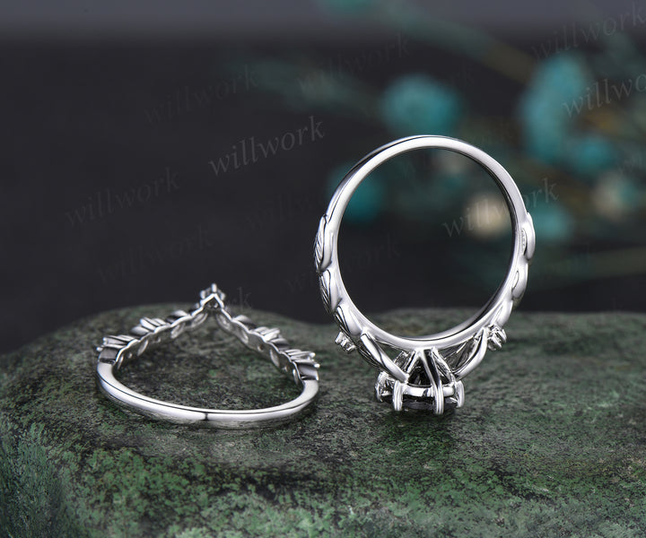 Oval cut black rutilated quartz engagement ring set white gold leaf nature inspired bridal wedding ring set women