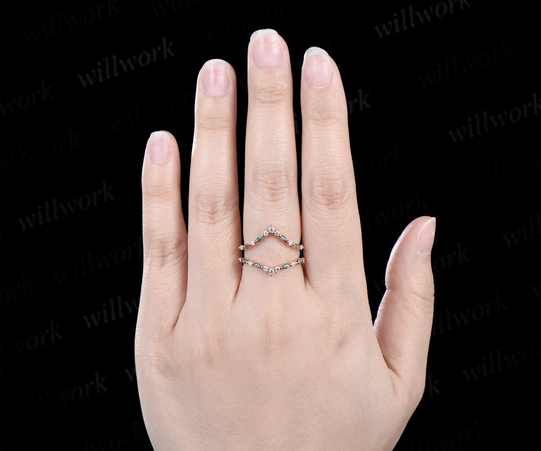 Double curved moss agate moissanite wedding band enhancer 14K rose gold unique stackable ring bridal gifts
