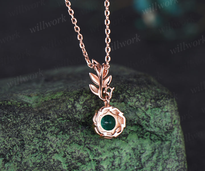 Rose Gold Leaf Necklace Nature Inspired Round Emerald Pendant Olive Leaf Branch Bridal Necklace May Birthstone Necklace Promise Gift for Her