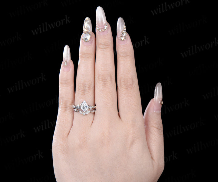 Kite cut moissanite engagement ring white gold five stone leaf twisted diamond promise bridal ring set women