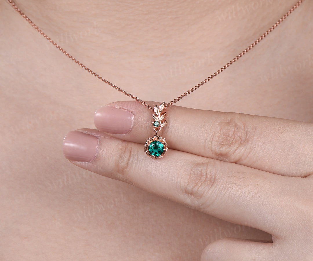 Rose Gold Leaf Necklace Nature Inspired Round Emerald Pendant Olive Leaf Branch Bridal Necklace May Birthstone Necklace Promise Gift for Her