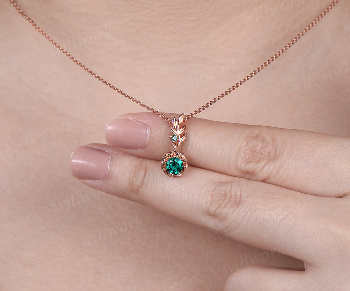 Rose Gold Leaf Necklace Nature Inspired Round Emerald Pendant Olive Leaf Branch Bridal Necklace May Birthstone Necklace Promise Gift for Her
