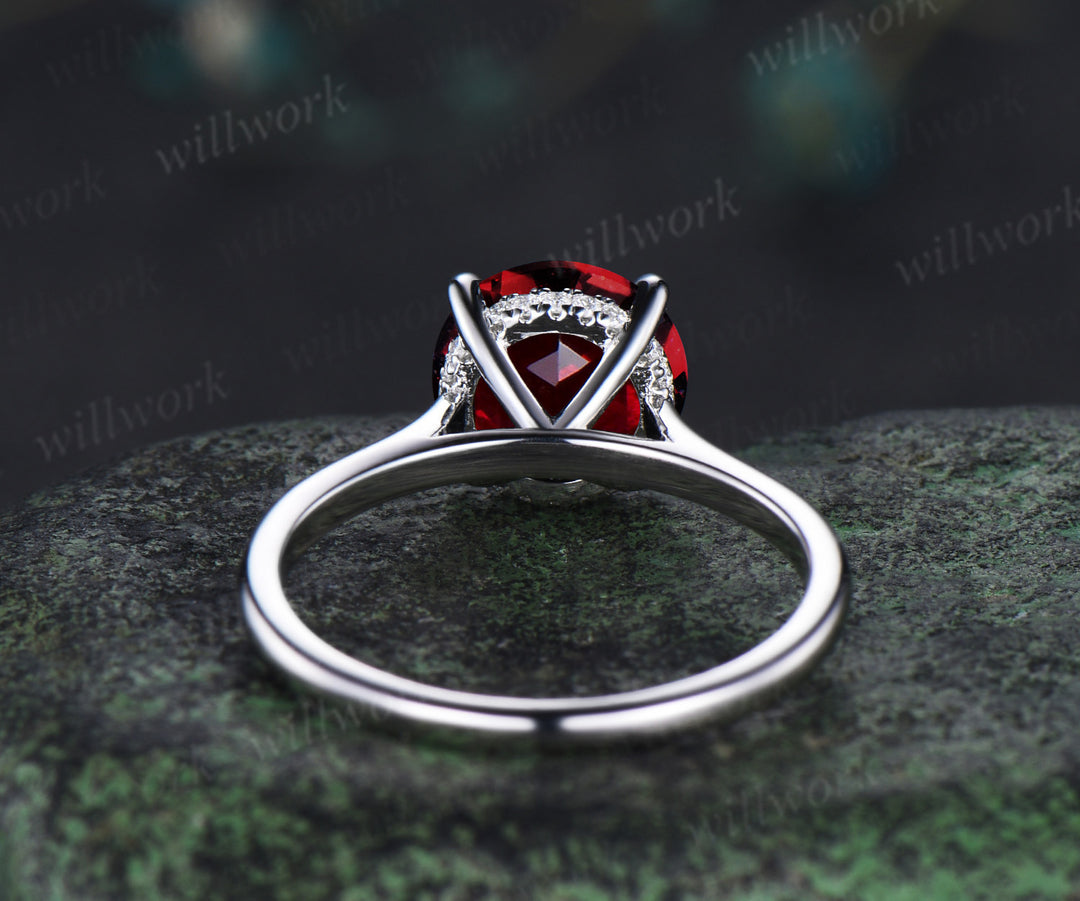 3ct round garnet engagement ring hidden halo diamond wedding ring women 14k white gold gifts for her