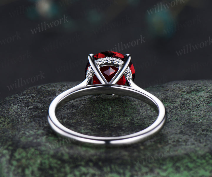 3ct round garnet engagement ring hidden halo diamond wedding ring women 14k white gold gifts for her