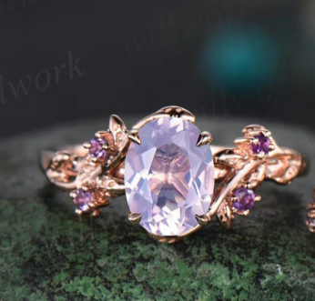 Vintage oval Lavender Amethyst engagement ring nature inspired leaf alexandrite ring rose gold wedding band enhancer bridal ring set women