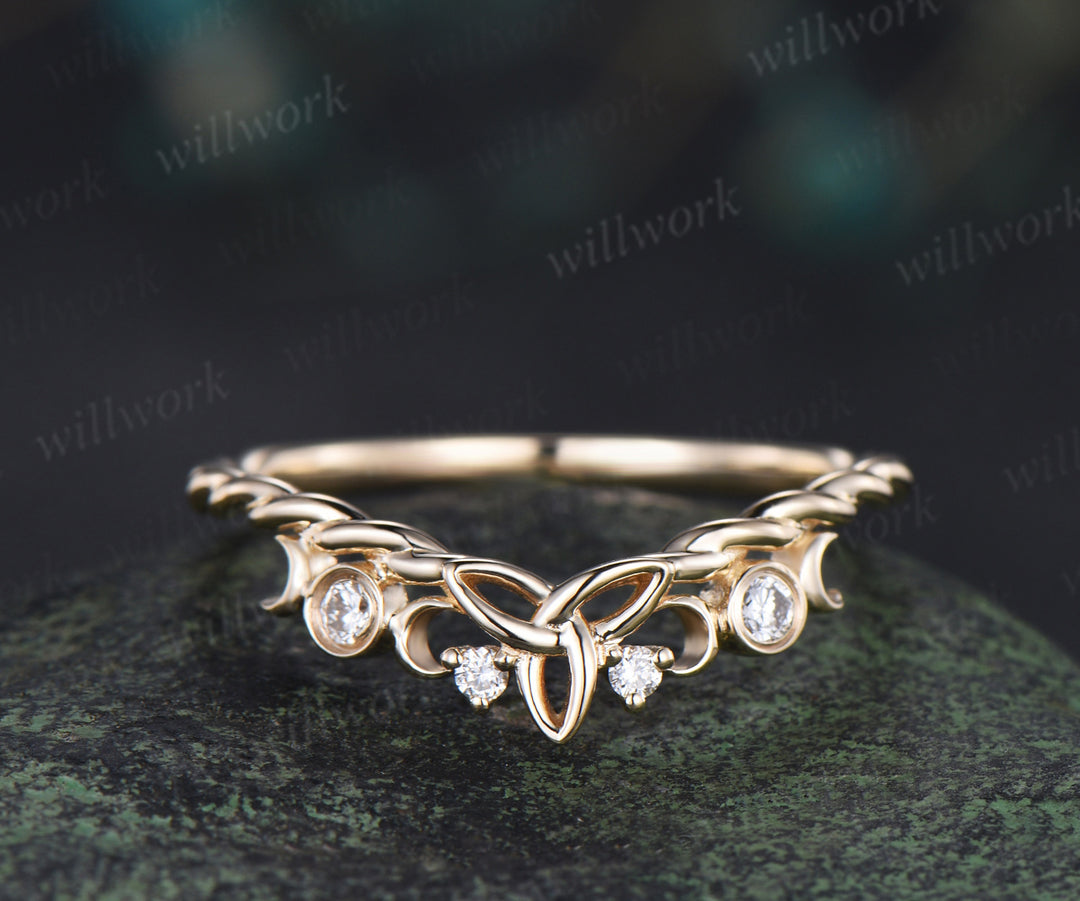 Celtic knot moon diamond wedding band 14k yellow gold twisted rope wrapping bezel stacking bridal ring women