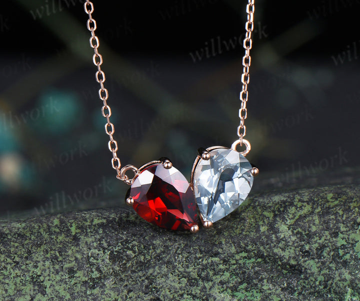 Pear garnet aquamarine necklace heart shape pendant Toi et Moi necklace minimalist birthstone necklace unique gifts