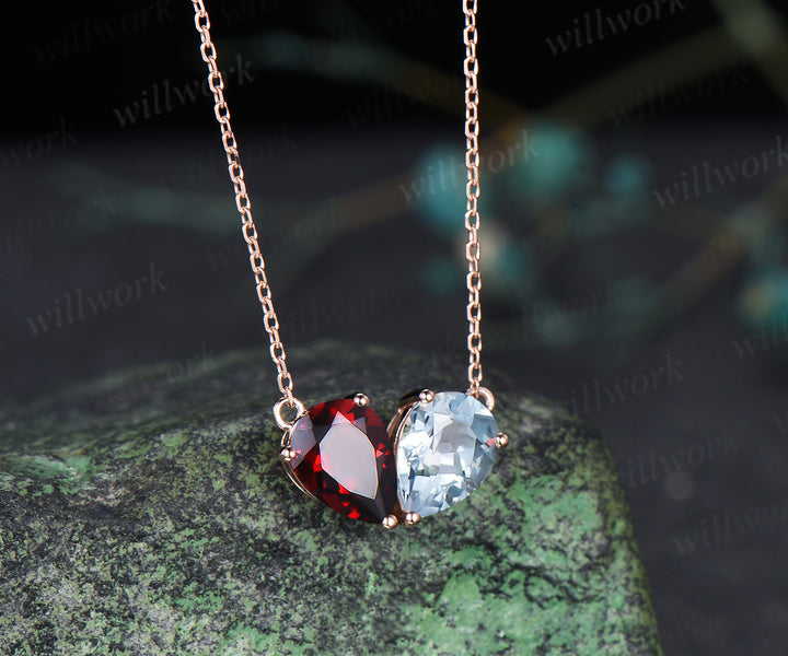 Pear garnet aquamarine necklace heart shape pendant Toi et Moi necklace minimalist birthstone necklace unique gifts