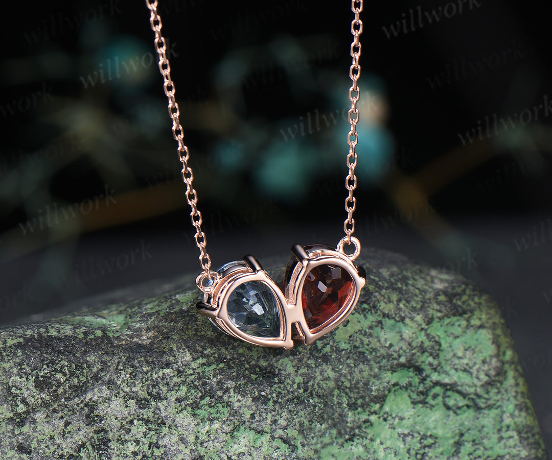 Pear garnet aquamarine necklace heart shape pendant Toi et Moi necklace minimalist birthstone necklace unique gifts