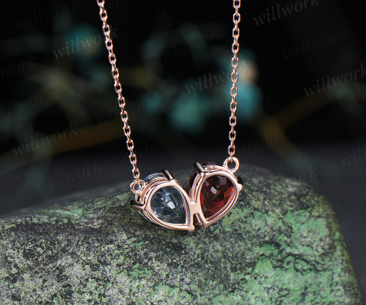 Pear garnet aquamarine necklace heart shape pendant Toi et Moi necklace minimalist birthstone necklace unique gifts