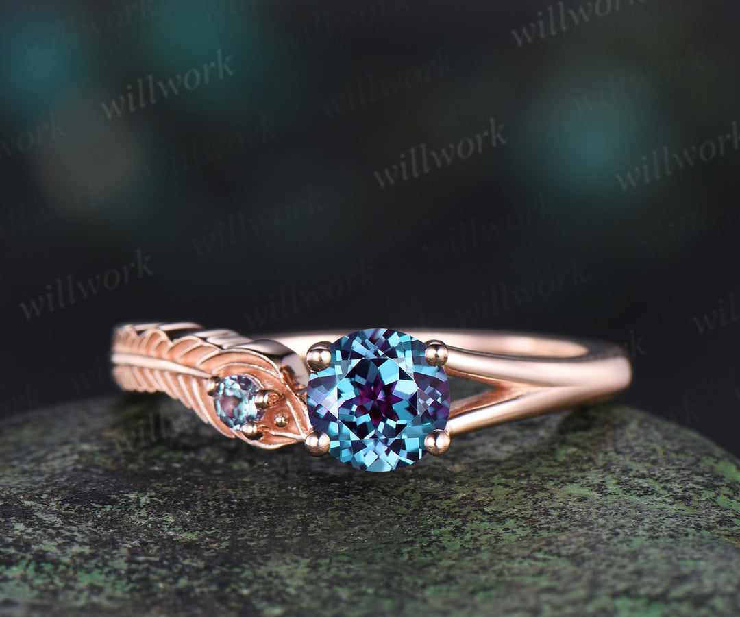 Vintage round cut alexandrite Engagement Ring solid 14k rose gold leaf Peacock Feather two stone you and me ring women gift