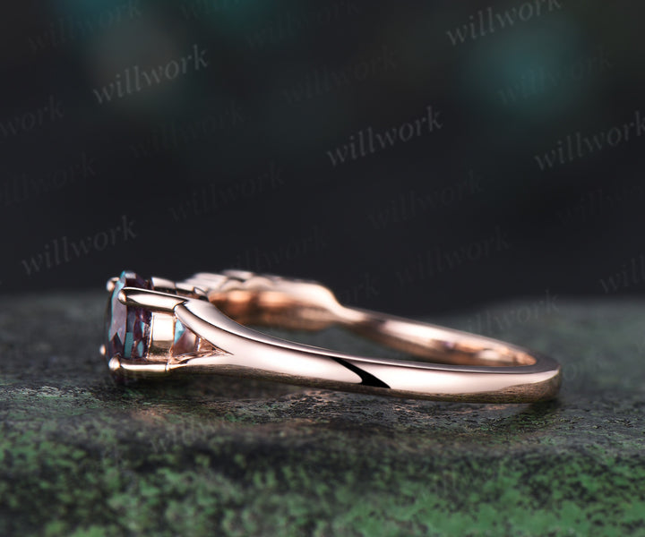 Vintage round cut alexandrite Engagement Ring solid 14k rose gold leaf Peacock Feather two stone you and me ring women gift