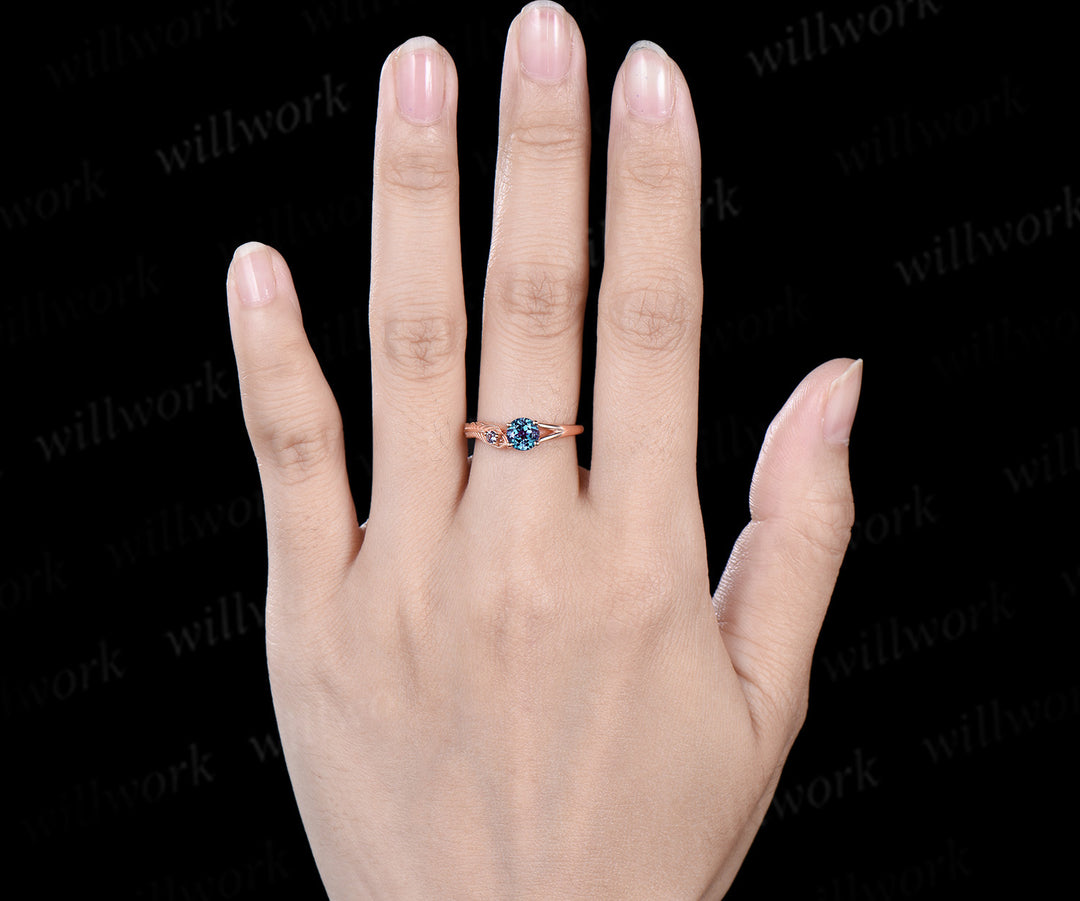 Vintage round cut alexandrite Engagement Ring solid 14k rose gold leaf Peacock Feather two stone you and me ring women gift