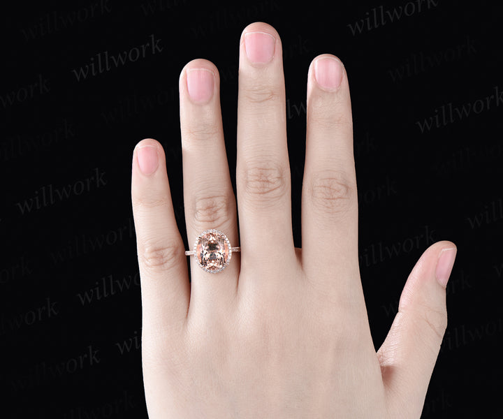 Unique 10x12mm Oval Cut Natural Morganite Engagement Ring Moissanite Diamond Halo Bridal Ring 14k Rose Gold Custom Anniversary Jewelry Gift