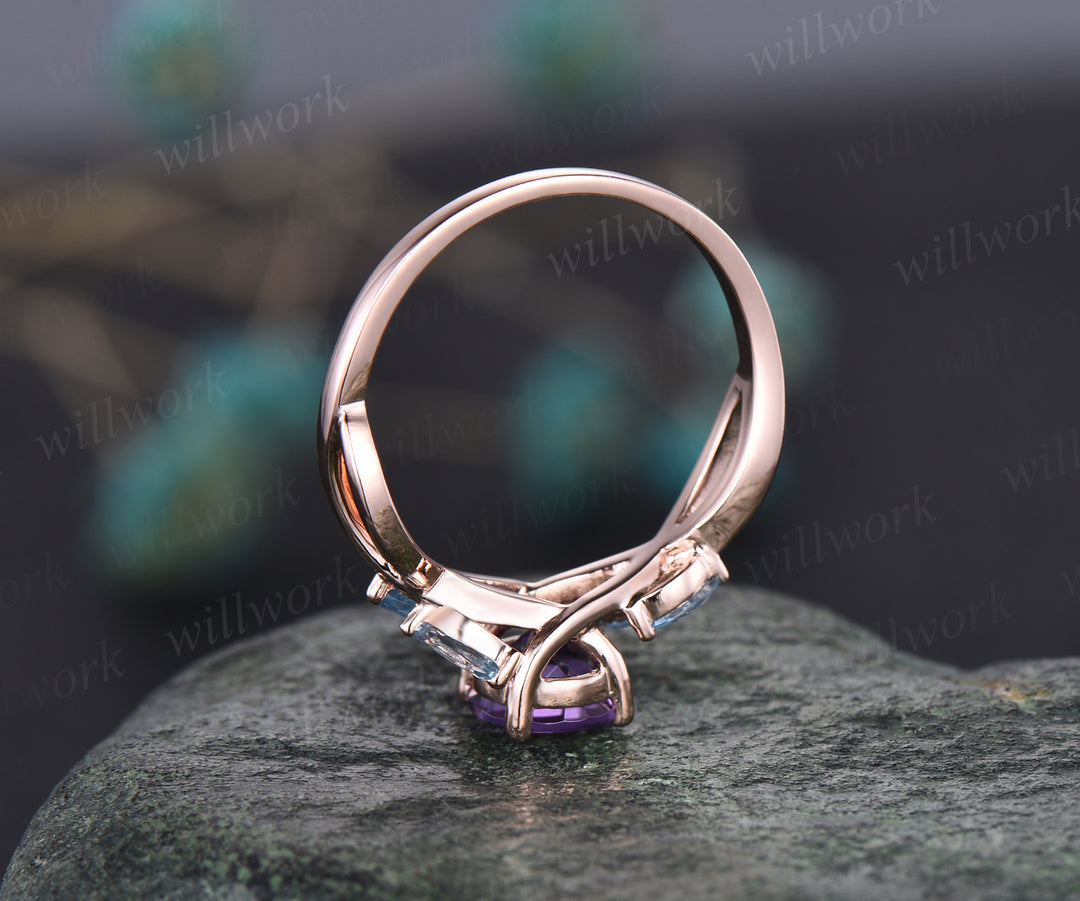 Unique Round Cut February Birthstone Natural Amethyst Engagement Ring Art Deco Blue Topaz Five Stone Ring Vintage Twisted Split Shank Ring