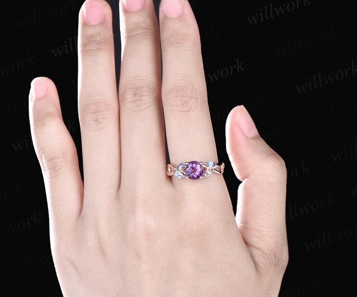 Unique Round Cut February Birthstone Natural Amethyst Engagement Ring Art Deco Blue Topaz Five Stone Ring Vintage Twisted Split Shank Ring