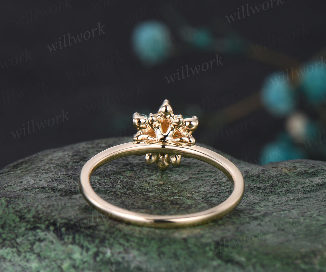 Unique Flower Floral Nature Inspired Wedding Ring Ruby Emerald Halo Leaf Anniversary Ring 14k Yellow Gold Seven Stone Bridal Jewelry Gift