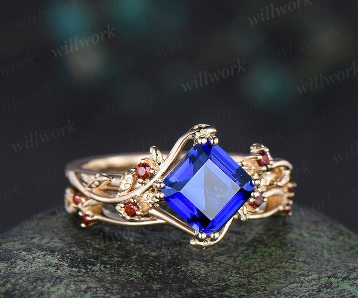 Asscher cut blue sapphire engagement ring set 8 prong yellow gold leaf five stone garnet wedding ring set jewelry