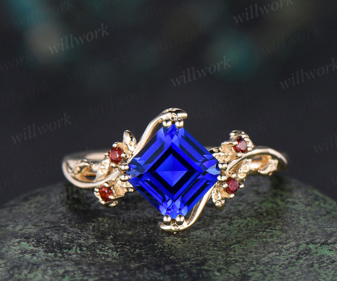 Asscher cut blue sapphire engagement ring set 8 prong yellow gold leaf five stone garnet wedding ring set jewelry