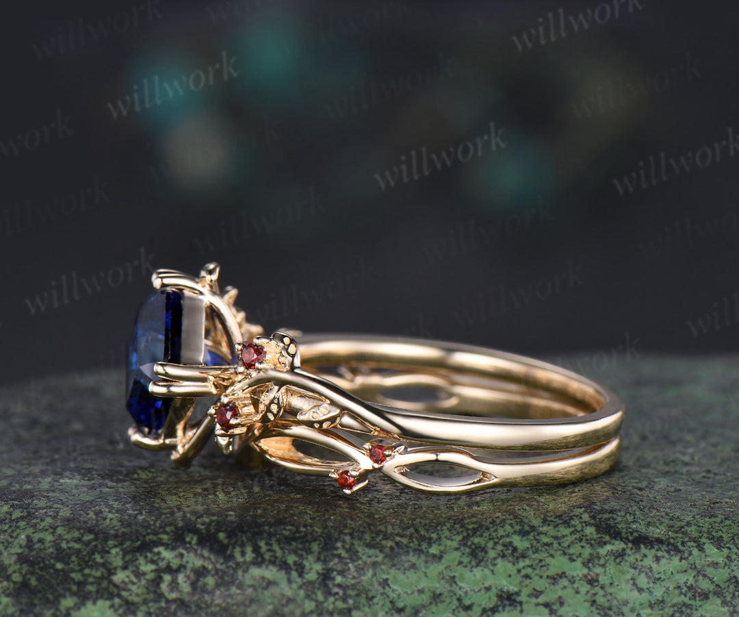 Asscher cut blue sapphire engagement ring set 8 prong yellow gold leaf five stone garnet wedding ring set jewelry