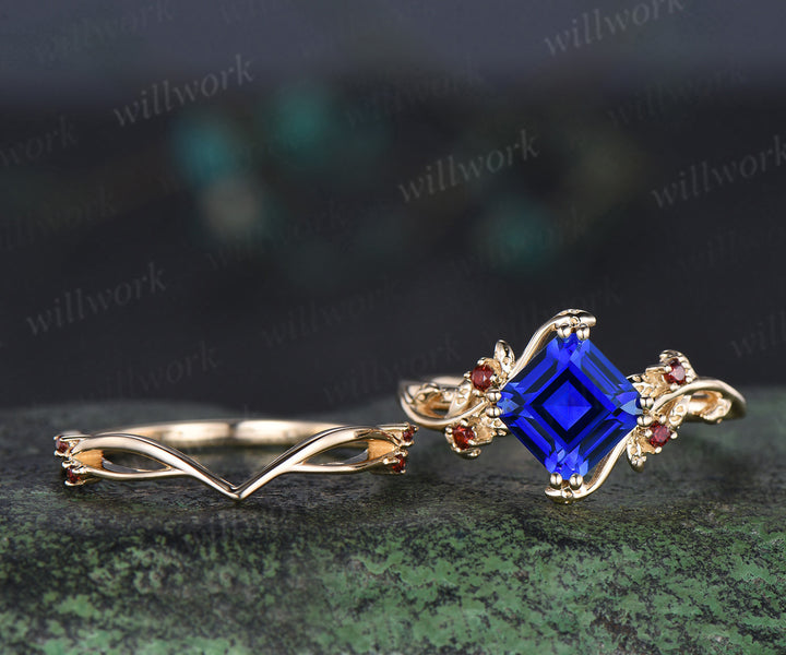 Asscher cut blue sapphire engagement ring set 8 prong yellow gold leaf five stone garnet wedding ring set jewelry