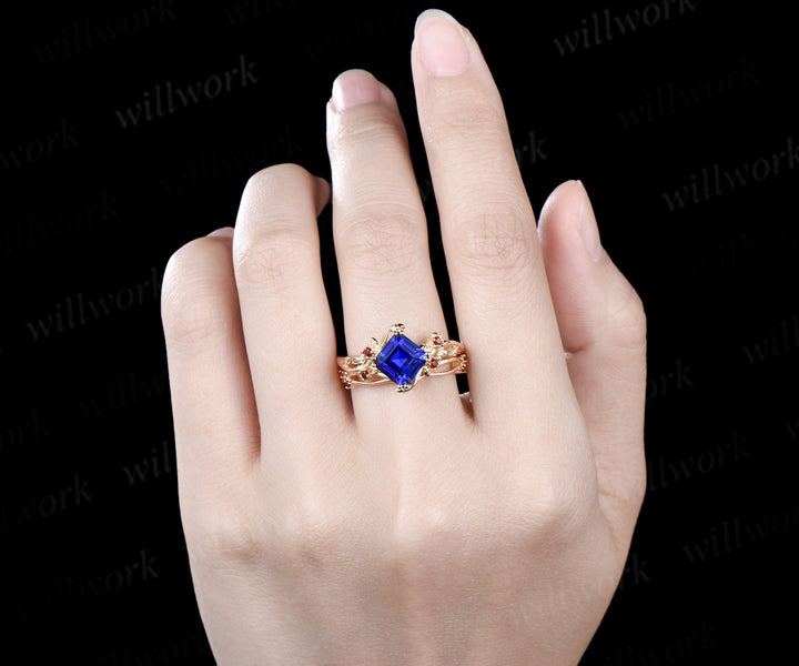 Asscher cut blue sapphire engagement ring set 8 prong yellow gold leaf five stone garnet wedding ring set jewelry