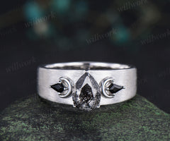 Pear black rutilated quartz mens wedding band three stone moon kite black spinel wedding ring 14k white gold anniversary gift for husband