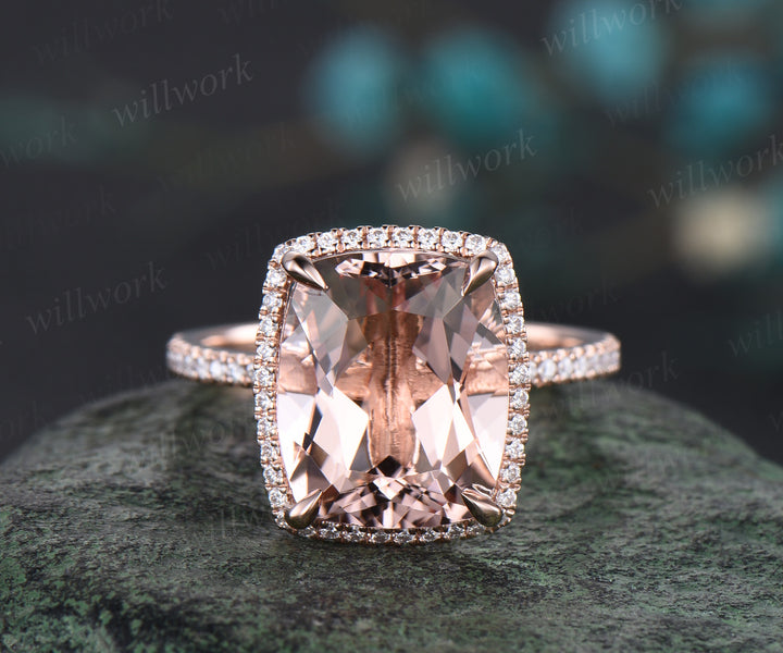 Cushion Cut Natural Morganite Engagement Ring 14k Rose Gold Diamond Moissanite Halo Ring 10x12mm Cushion Morganite Bridal Ring