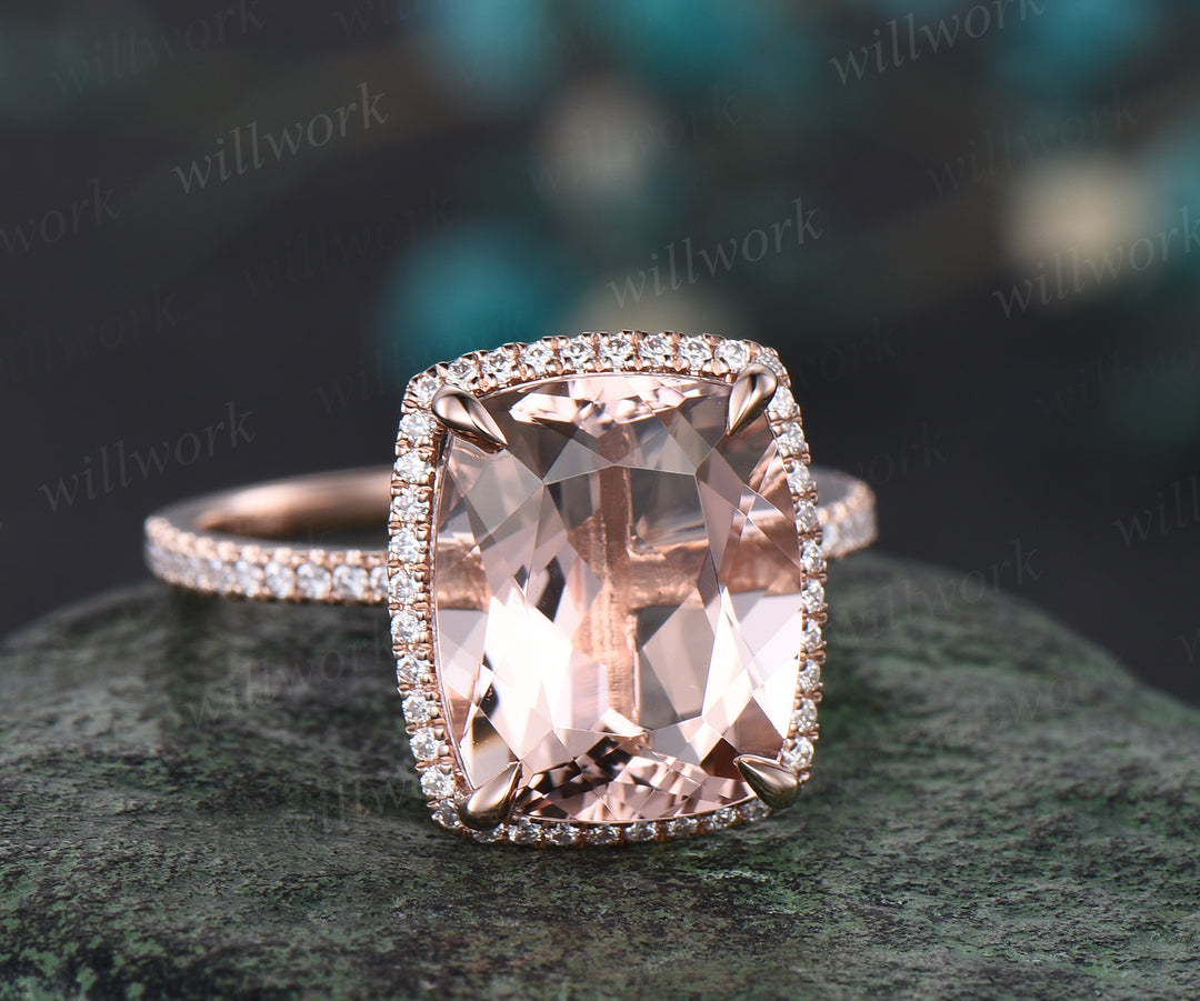 Cushion Cut Natural Morganite Engagement Ring 14k Rose Gold Diamond Moissanite Halo Ring 10x12mm Cushion Morganite Bridal Ring
