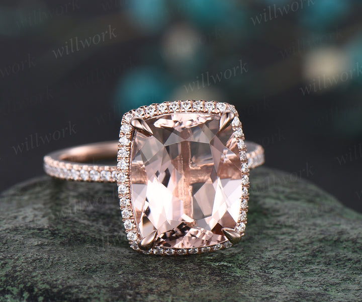 Cushion Cut Natural Morganite Engagement Ring 14k Rose Gold Diamond Moissanite Halo Ring 10x12mm Cushion Morganite Bridal Ring