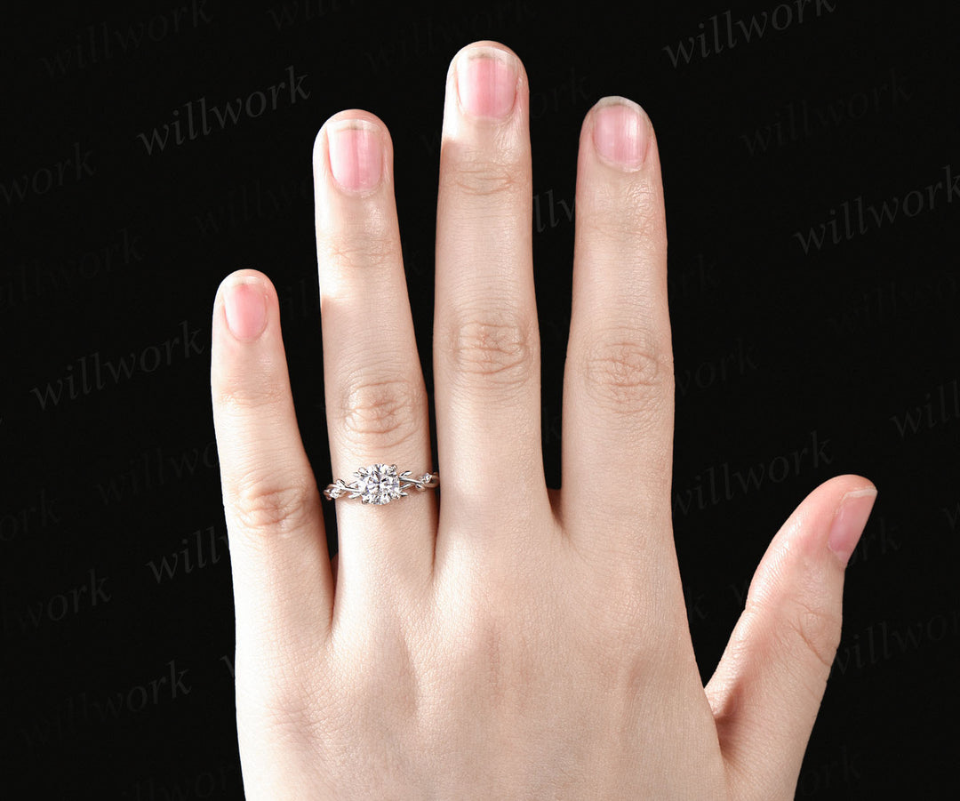 1ct Round brillant cut moissanite engagement ring nature inspired leaf twig moissnaite diamond ring infinity wedding band bridal gifts