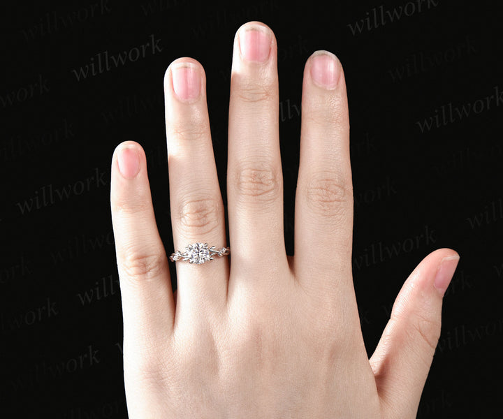 1ct Round brillant cut moissanite engagement ring nature inspired leaf twig moissnaite diamond ring infinity wedding band bridal gifts