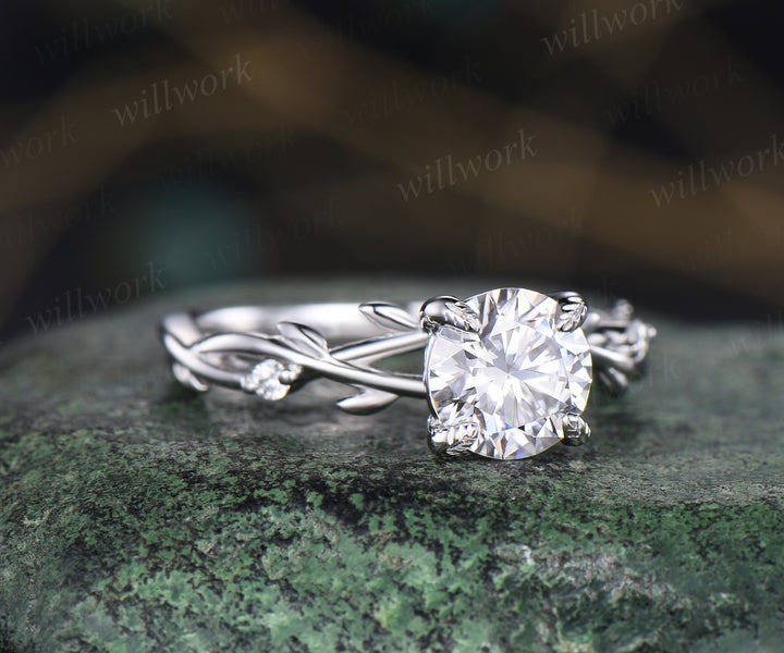 1ct Round brillant cut moissanite engagement ring nature inspired leaf twig moissnaite diamond ring infinity wedding band bridal gifts