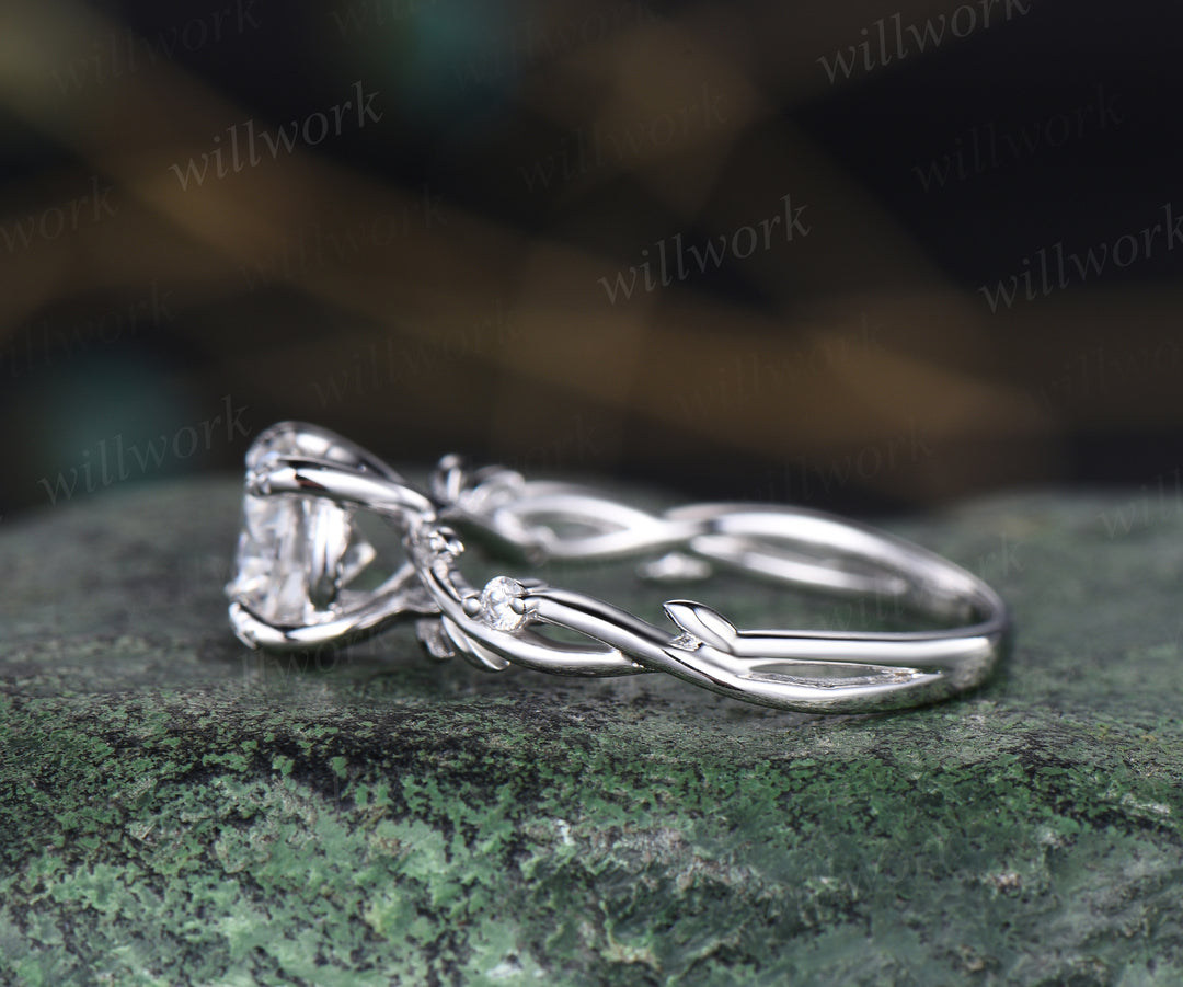 1ct Round brillant cut moissanite engagement ring nature inspired leaf twig moissnaite diamond ring infinity wedding band bridal gifts