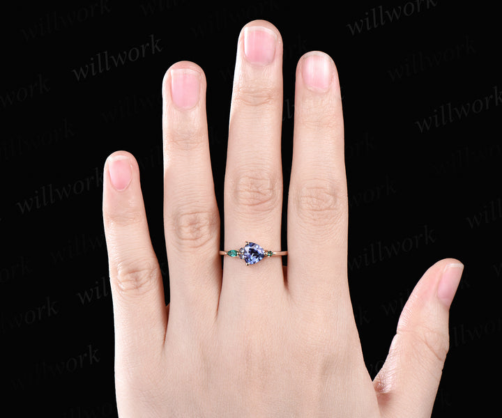Delicate Trillion Cut Alexandrite Engagement Ring June Birthstone Five Stone Wedding Ring Art Deco Emerald Cluster Bridal Ring Gift For Women