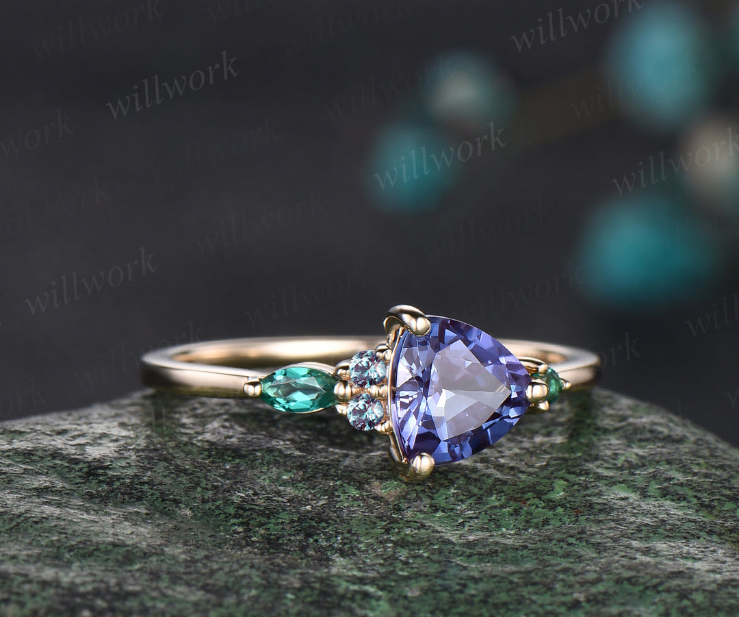 Delicate Trillion Cut Alexandrite Engagement Ring June Birthstone Five Stone Wedding Ring Art Deco Emerald Cluster Bridal Ring Gift For Women