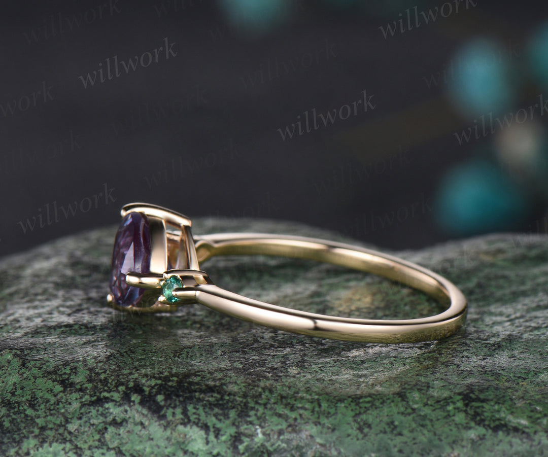 Delicate Trillion Cut Alexandrite Engagement Ring June Birthstone Five Stone Wedding Ring Art Deco Emerald Cluster Bridal Ring Gift For Women